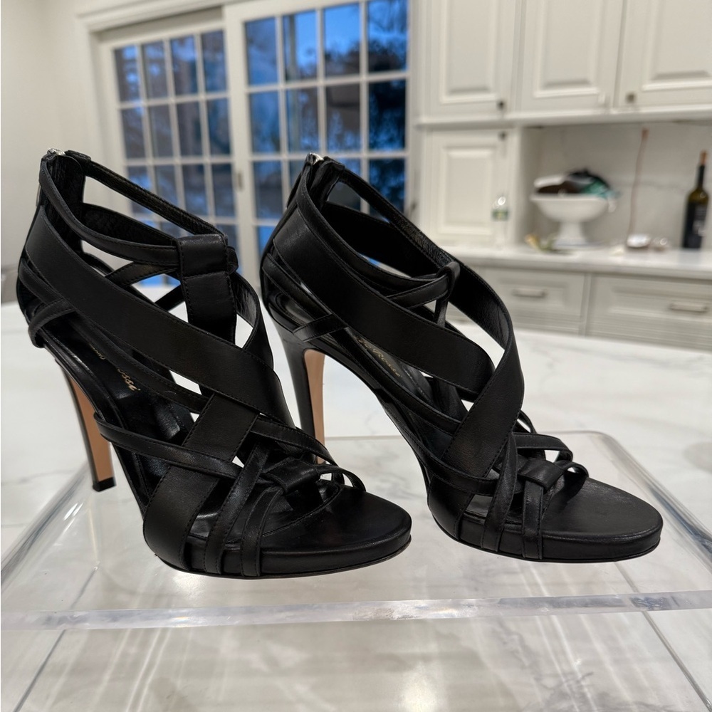 GIANVITO ROSSI MILAN BLACK LEATHER CAGED PLATFORM SANDALS, US 7 IT 37.5